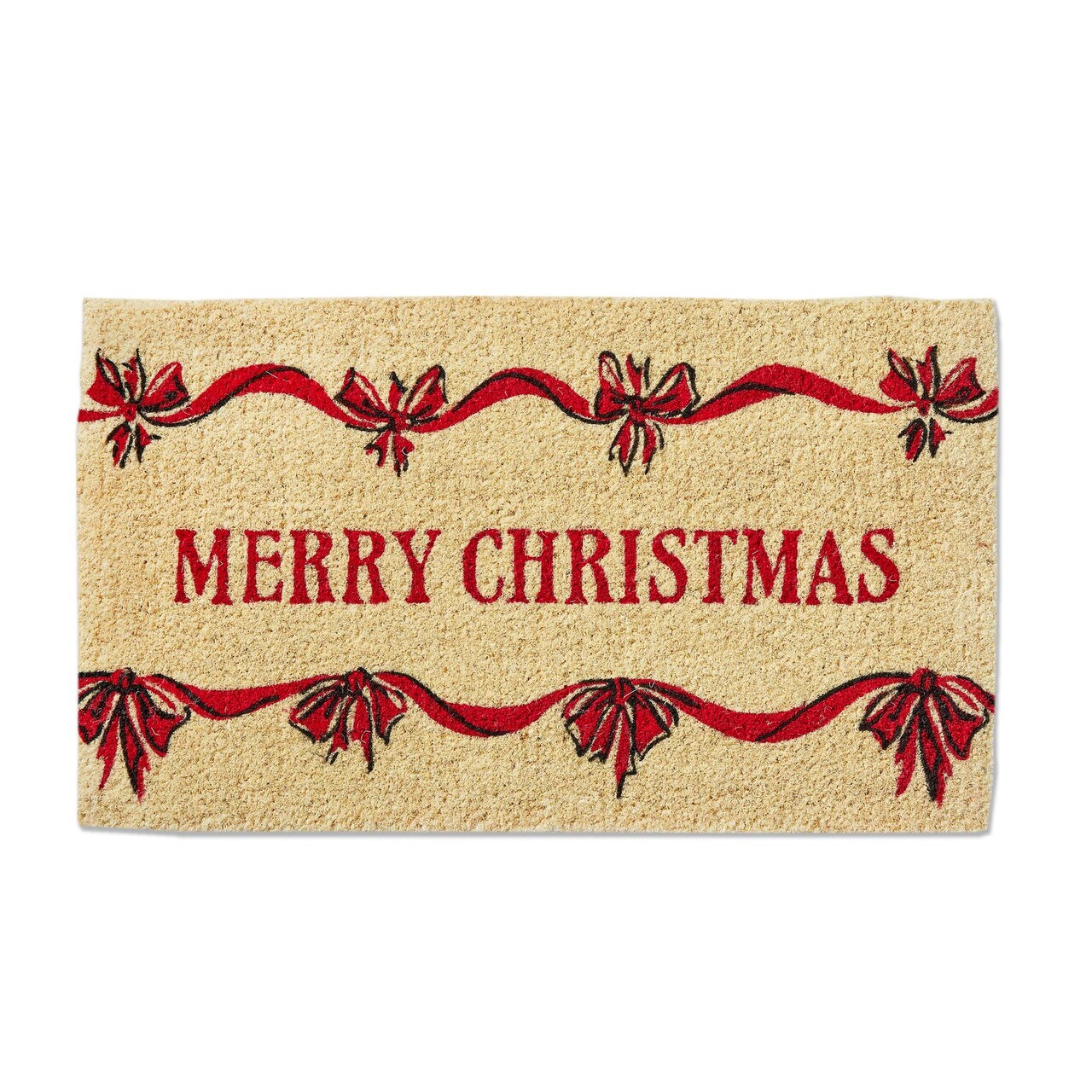 Merry Christmas Bows Coir Door Mat - Natural Coir Doormat in Red, 30" x 17" x 1" - Easy to Clean